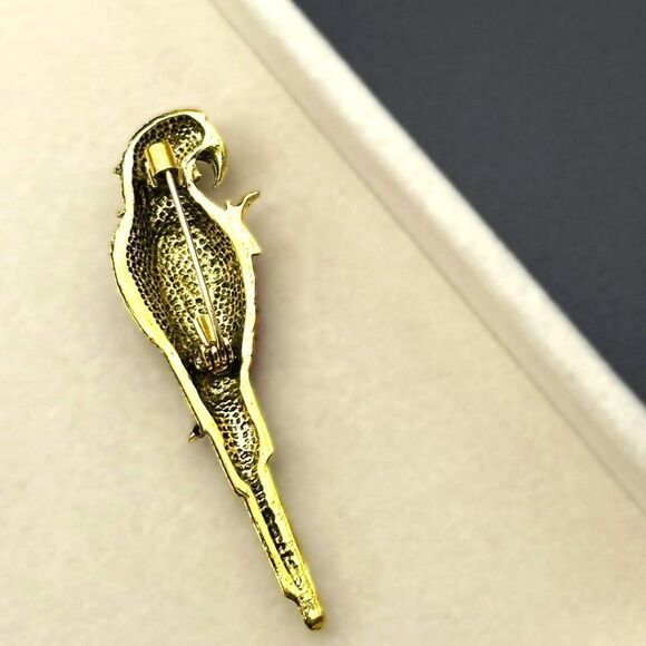 Yellow Gold with Pink Sapphire and Opal Crystal Tropical Parrot Pin Back Brooch - Picture 6 of 7